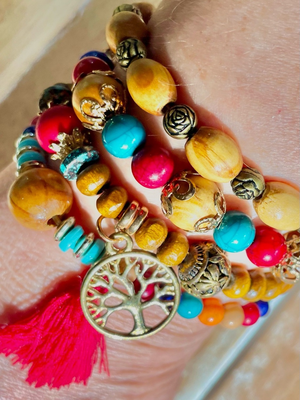 Handcrafted Colorful Beaded Bracelet Stack with Red Tassel & Tree of Life Chatms - Picture 3 of 4